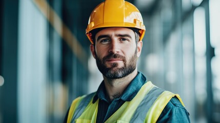 Fototapeta premium portrait of professional worker wearing appropriate safety gear standing confidently in sleek industrial environment