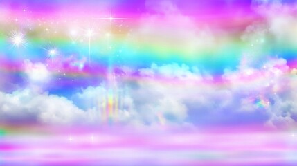 A Colorful and Dreamlike Rainbow Sky with Clouds, Stars, and a Pastel Rainbow