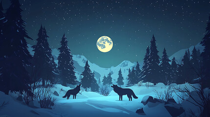 Obraz premium Two wolves howling under a full moon in a snowy mountain landscape surrounded by pine trees