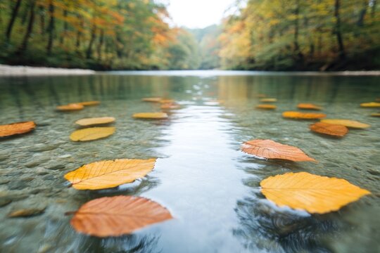 serene river bends gracefully through dense forest autumn leaves reflecting vibrant colors on placid water surface