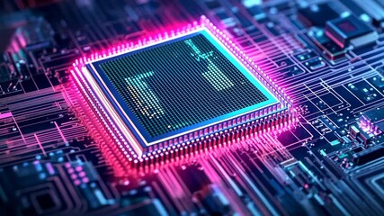 High technology microprocessor on a circuit board illuminated by vibrant colors in a modern computing environment - Powered by Adobe