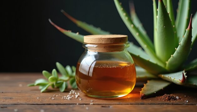 Close-up glass jar of agave nectar near aloe plant. Healthy organic vegan food ingredient, sweet golden honey alternative. Natural sweetener for drinks and baking, syrup replacement. Still life shot.