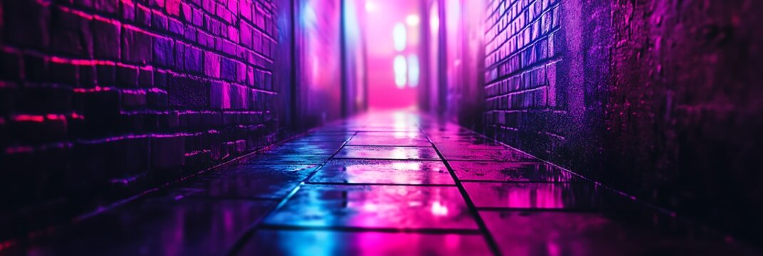 Empty, neon lit hallway in a futuristic building. Architecture background design - Powered by Adobe