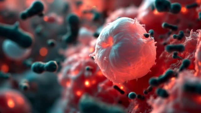 White blood cell slowly engulfs dark greenish bacteria, showing immune system in action in a microscopic view.