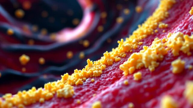 Cholesterol plaque deposits build up in an artery, forming yellowish layers along the inner walls, narrowing the blood vessel, close-up.
