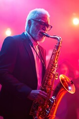Fototapeta premium vibrant jazz scene with energetic saxophonist playing soulful tunes in dim intimate club setting