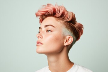 young person with vibrant trendy haircut against plain background showcasing modern hairstyling with ample copy space