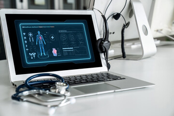 Medical science technology and futuristic healthcare virtual computer software analyze human health...