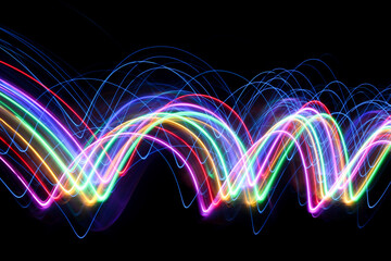 A long exposure photograph of colourful lights in swirl patterns of motion against a black background