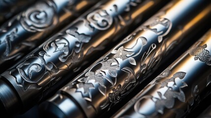 Naklejka premium Exquisite Silver Engravings on Elegant Metalwork with Intricate Floral Designs and Smooth Finishes