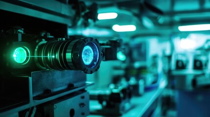 Fototapeta premium Advanced Laser Technology in a Modern Laboratory Setting with Green Light Effects and Sophisticated Equipment