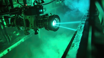 Green Laser Beam Emitting from Camera Lens in Foggy Environment, Highlighting Advanced Technology and Innovation