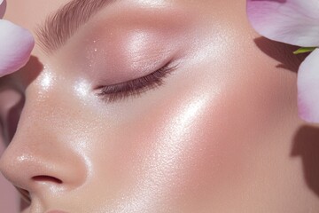 close-up of fresh spring makeup look featuring soft pastel tones dewy skin and blossoming floral accents