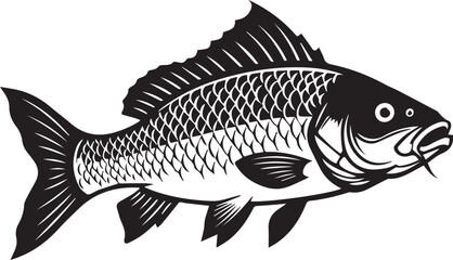 Obraz premium A Freshly Caught Carp Triumphantly Displayed In A Bold Black And White Illustration, Encircled By A Fishing Line, Showcasing A Classic Fishing Achievement Isolated on Transparent Background