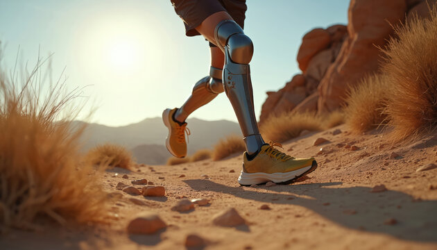 Low angle of disabled man running with prosthetic leg on nature. Bionic person walks outdoor in desert, training. Sport athletic runner. Modern tech prosthesis, healthy lifestyle, rehabilitation.