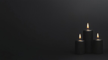 Three black candles with flickering flames against a black background.