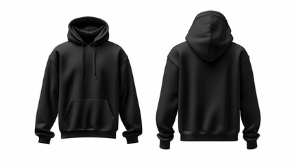 A blank black male hoodie sweatshirt mockup, shown from both front and back views, isolated on a white background for design mockups. 40k, , high resolution