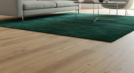 Elegant living room showcasing hardwood floors, a luxurious green rug and modern furniture, perfect for interior design presentations and furniture sales
