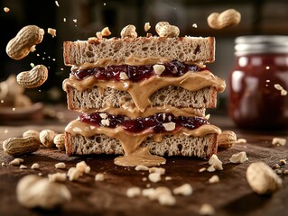 Stacked sandwiches with peanut butter and jelly, peanuts flying around, a great representation for celebrating National Peanut Butter and Jelly Day, suitable for food lovers and snack - related topics