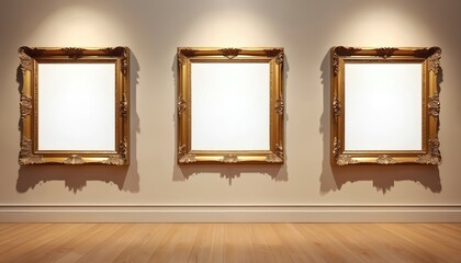Three antique golden frames hang on wall in art gallery, auction house or museum. Blank empty white canvas inside frames for mockup design, concept artwork exhibition.