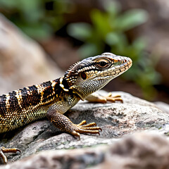Naklejka premium Detailed close-up of a lizard resting on a rock in natural surroundings