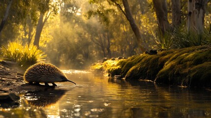 Short beaked echidna wanders along bank of gently flowing creek reflection shimmering still water Sunbeams pierce through towering eucalyptus tree casting dappled light onto moss covered rock slight