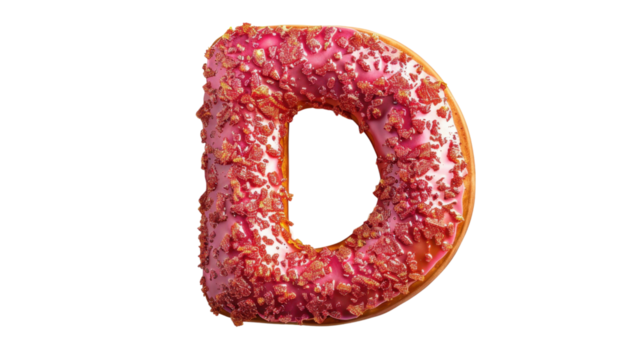 Delicious letter d shaped donut with pink icing and sprinkles on transparent background