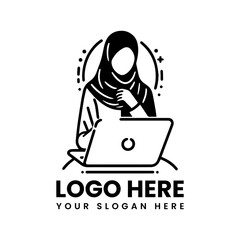 Minimalist Muslim woman working on laptop, digital nomad vector logo with remote work concept