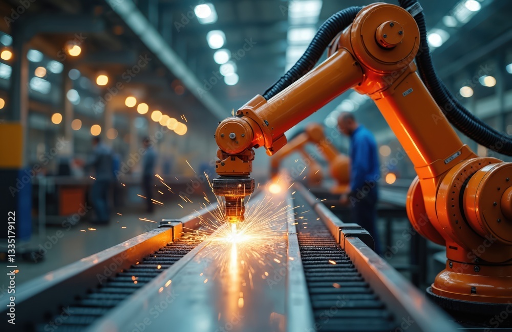 Poster robotic welding arm in industrial mega factory generates sparks. automation automotive industry asse