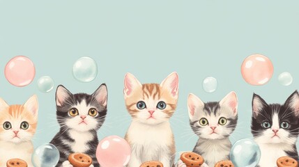 Watercolor-style illustration of playful kittens surrounded by cat food bubbles