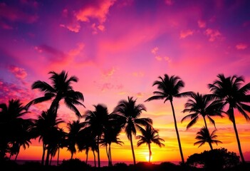 Obraz premium Silhouetted palm trees against a vibrant Hawaiian sunset, light, hawaiian sunset