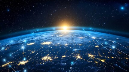 Obraz premium Global network of interconnected cities. A high-angle view of Earth, illuminated by a sunrise, shows a vast network of light trails connecting major urban areas. 