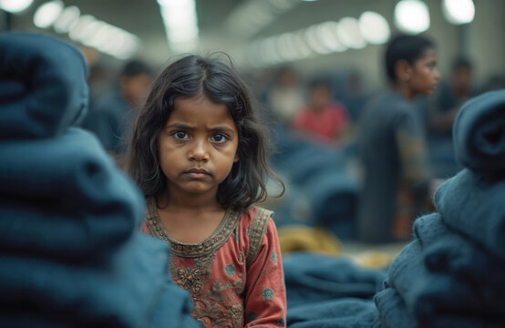 Portrait of small sad Indian girl at textile factory with blurred workers. Child labor exploitation concept. Unsafe work conditions. Generative AI image about social issues, human rights in sweatshop