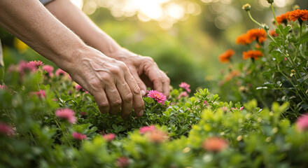 Gros plan des mains d'une personne &acirc;g&eacute;e prenant soin d'un jardin luxuriant, nourrissant les plantes avec attention. Une faible profondeur de champ et un bokeh doux mettent en valeur la chaleur du jar