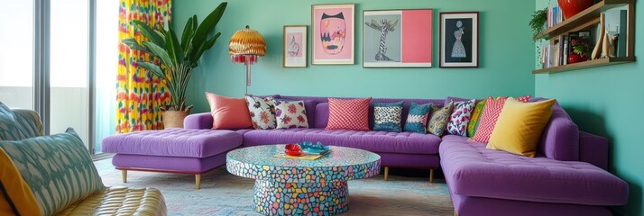Naklejka premium Vibrant Living Room. Trendy Interior with Colorful Sofa, Stylish Decor, and Lush Greenery. Modern Home Design with Cozy Atmosphere and Bold Accents. Real Estate and Home Decor Concept with Copy Space.