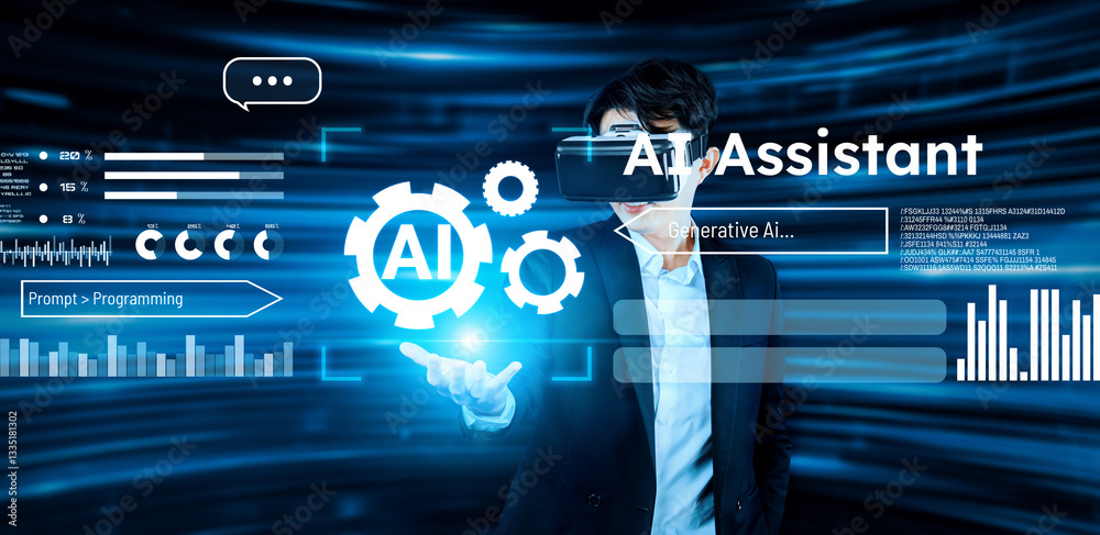 Poster smart businessman wearing suit and vr goggle while using ai assistance planning plan. project manage
