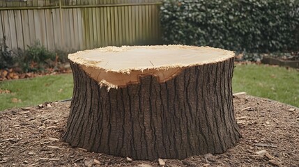 Cut Tree Stump in Garden Landscape, Nature Photography