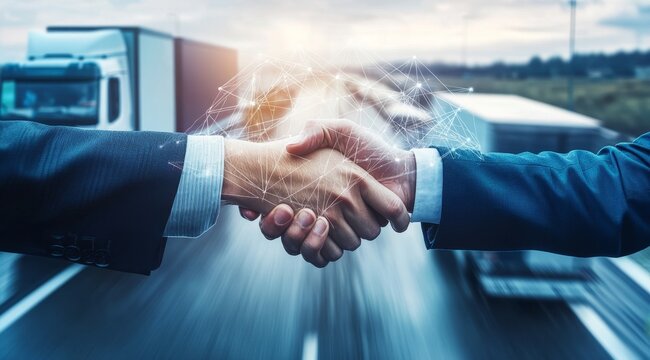 Business handshake, logistics deal, highway background