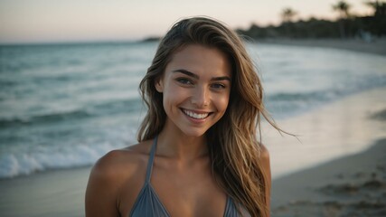 Good-looking young caucasian gal in gray themed swimwear on a beach smiling