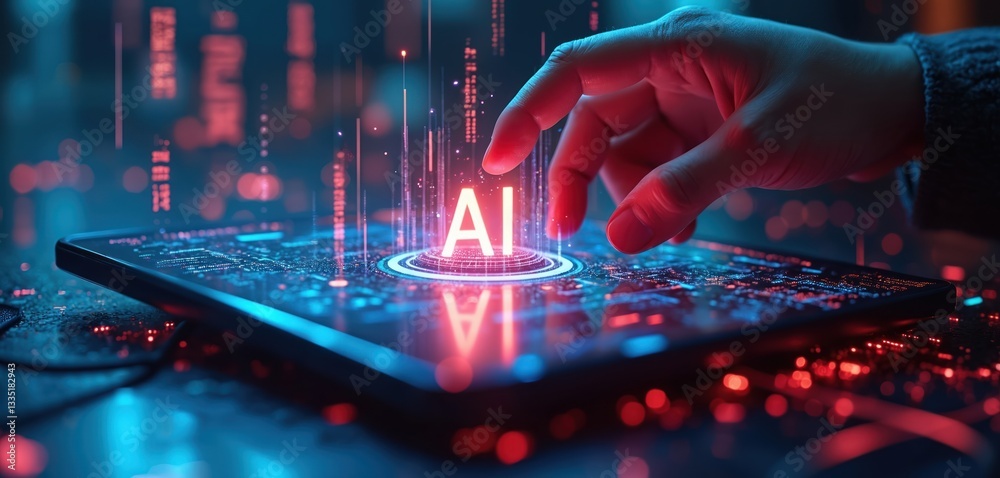 Leinwandbilder hand touching screen with glowing ai letters. artificial intelligence transforms business with innov