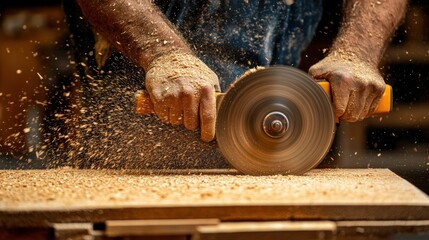Carpenter using power saw cutting wooden board in workshop with sawdust flying around. Close up of man hands and circular saw.