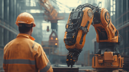 Worker oversees large robotic arm in factory. Orange robot arm lifts heavy material. Worker wears helmet in industrial warehouse during construction. Automated process in plant.