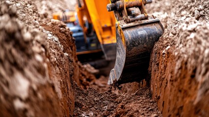 Orange excavator digging a trench. Metal scoop cutting into the brown earth. Deep narrow ditch in the ground. Construction equipment at work.