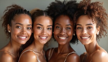 Fototapeta premium Multi-ethnic group of four beautiful smiling women with diverse skin tones. Attractive female fashion models demonstrate great skincare. Wellness, skincare, cosmetology, diversity concept. Generative