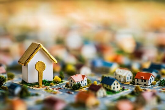 Golden Pin Points to a White House in a Miniature Neighborhood with Houses of Various Colors