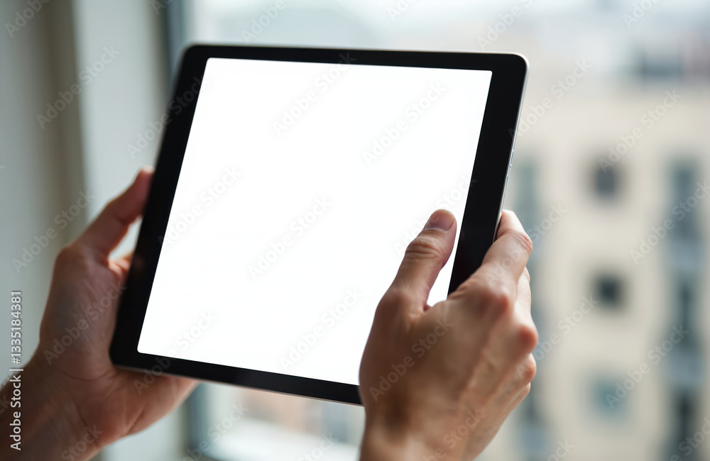 Poster Man holds digital tablet with white screen. Device isolated, empty space for online advertising, communication. Internet touchpad touchscreen. Mockup for information, presentation. Modern portable