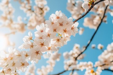 Blooming Cherry Branches Close Up Detail Against Bright Sky With Shadows