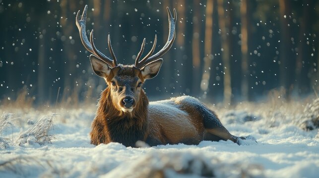 Majestic deer rests in snowy forest