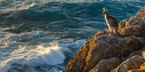 Solitary kangaroo standing atop a rocky coastal cliff gazing at the ocean strong sea breeze ruffling its fur deep blue waves crashing below backlit by the golden evening sun