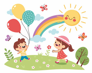 Happy Children Playing with Balloons in Sunny Park. Joyful cartoon vector illustration of smiling children playing outdoors with colorful balloons.